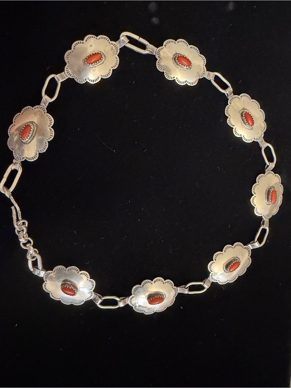 Rare Vintage Navajo Sterling Silver and Red Coral Concho Link Necklace - Picture 12 of 15